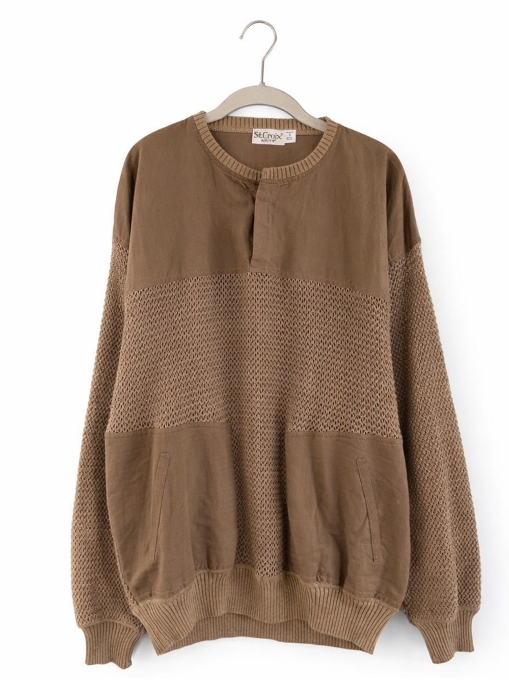Vintage‎ St. Croix Knits Brown Cotton Linen Open Knit Sweater Made in USA